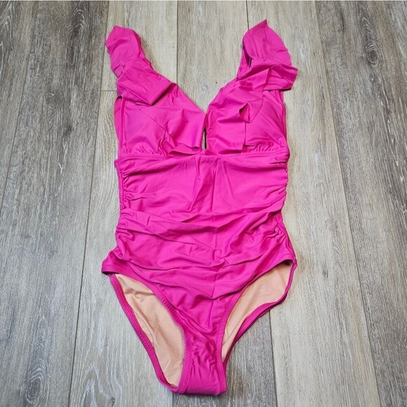 J. Crew Ruched V Neck Ruffle One Piece Swimsuit Women's 8 Fuchsia Hot Pink - Picture 3 of 8